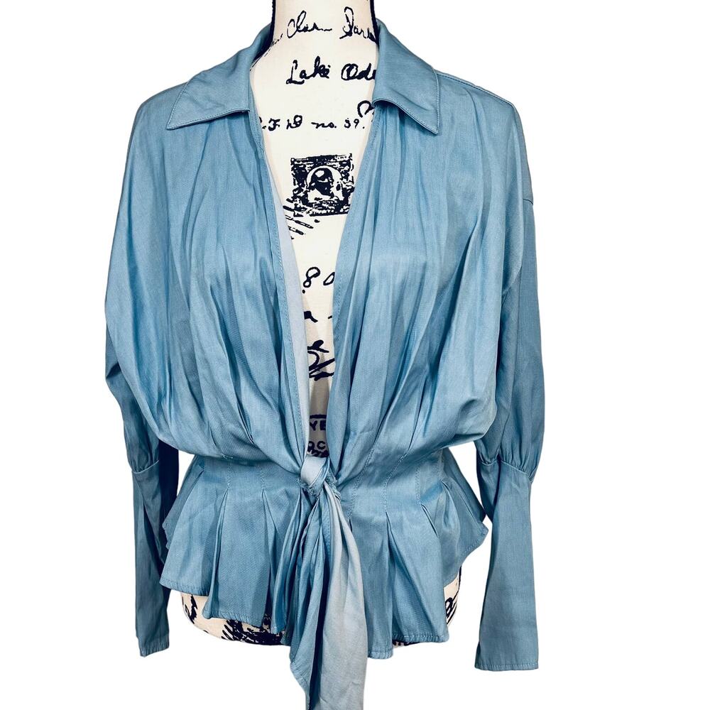 shein blue tie-front blouse features a draped, voluminous silhouette size L - Picture 7 of 13